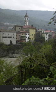 Residential buildings and a clock tower at a town in Slovenia