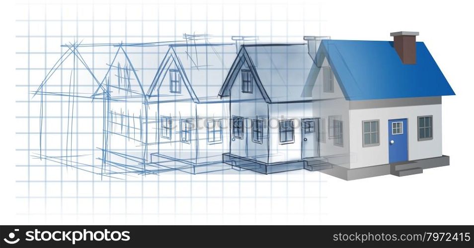 Residential development construction design and planning concept as a preliminary blueprint drawing sketch evolving to a finished built home as a housing industry symbol of architecture inspiration.