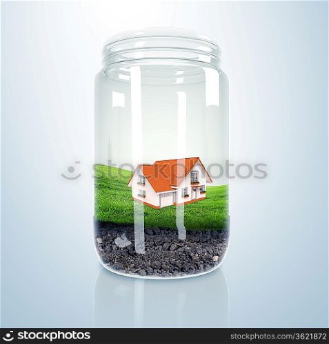 Residential house with red roof inside glass jar