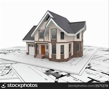 Residential house with tools on architect blueprints. Housing project. 3d