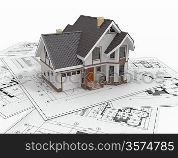 Residential house with tools on architect blueprints. Housing project. 3d