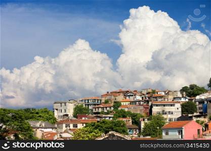 Residential houses architecture in the old city of Istanbul in Turkey, composition with copy space