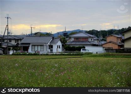 Residential houses of Nara with the pagoda of H?ry?-ji