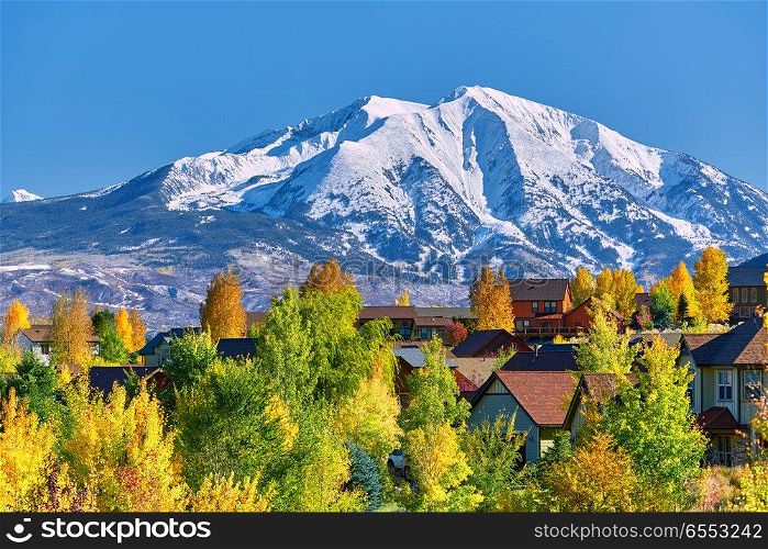 Residential neighborhood in Colorado at autumn, USA. Mount Sopris landscape.