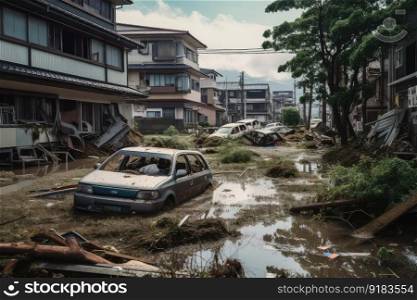 residential neighborhood with flooded streets and overturned cars after tsunami hits coastline, created with generative ai. residential neighborhood with flooded streets and overturned cars after tsunami hits coastline