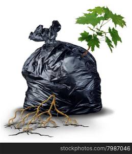 Resilient And determined concept as a green sapling tree with leaves and roots bursting out and breaking through from a garbage bag as a metaphor for the force of nature and poerful business determination and persistence for success.