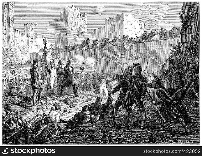 Resolution of the garrison of Badajoz die with weapons in hand, vintage engraved illustration. History of France ? 1885.