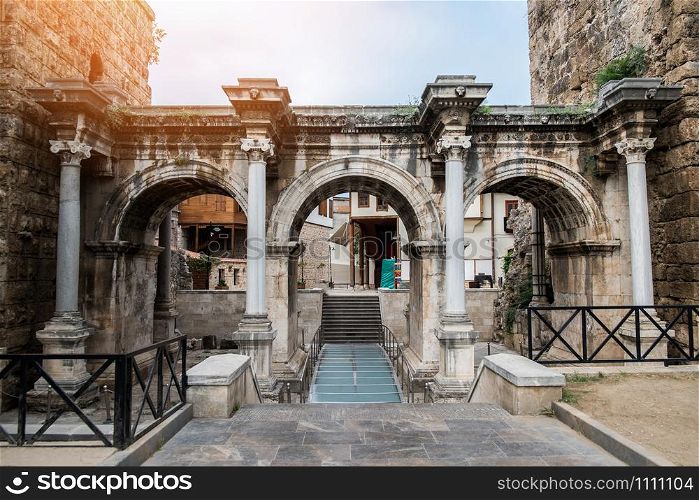 Resort city Antalya turkey travel famous landmark / arch walkway architecture view of Hadrian&rsquo;s Gate in old city