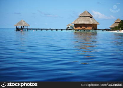 resort maldivian houses in blue sea