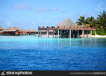 resort maldivian houses in blue sea