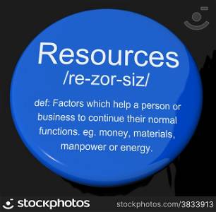 Resources Definition Button Showing Materials Assets And Manpower For A Business. Resources Definition Button Shows Materials Assets And Manpower For A Business
