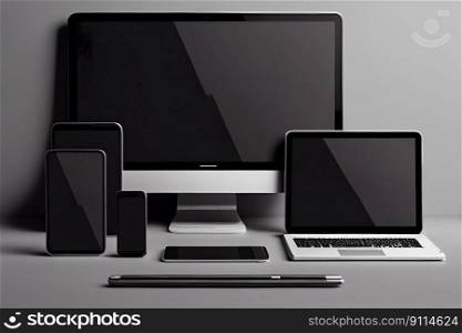 Responsive design mockup. Digital tablet and smartphone and computer with blank screen on desk, Computer display, laptop, Generative AI
