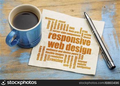 responsive web design word cloud on a napkin with a cup of coffee