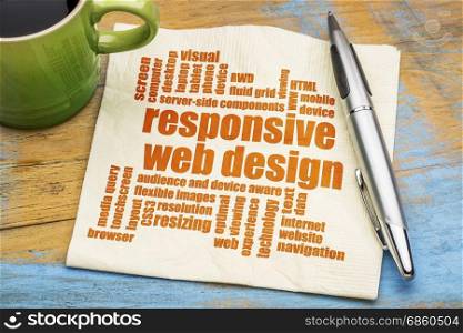 responsive web design word cloud on a napkin with a green cup of espresso coffee