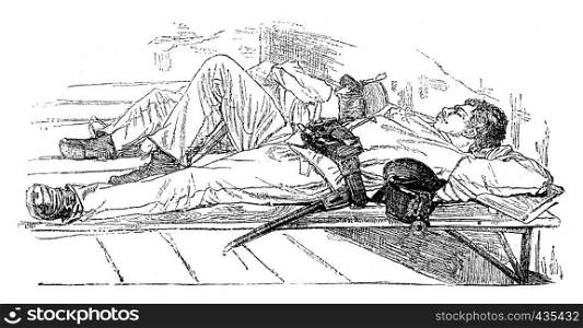 Rest after custody, vintage engraved illustration. Journal des Voyages, Travel Journal, (1879-80).