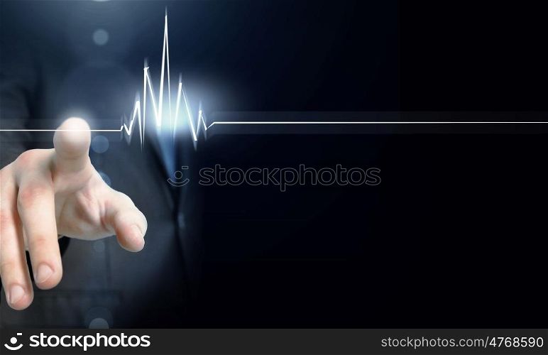 Restart your business. Male hand touch heart pulse on futuristic interface