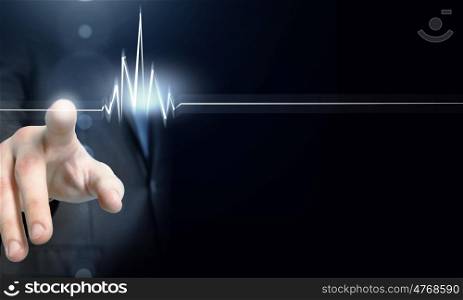 Restart your business. Male hand touch heart pulse on futuristic interface