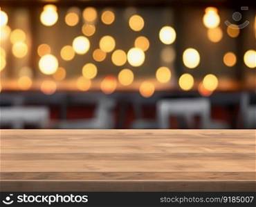 Restaurant background with lights bokeh on an empty wooden table top. Generative AI.