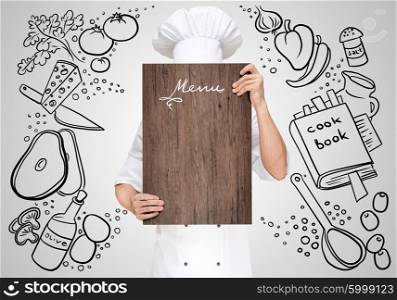 Restaurant chef on a sketchy background hiding behind a wooden chopping board for a business lunch menu with prices.