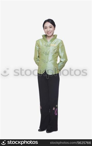 Restaurant/Hotel Hostess in Traditional Chinese Clothing, Full Length