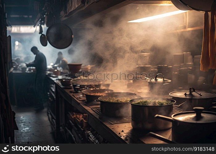 restaurant kitchen, with sizzling hotpots and steamy pots, preparing for the busiest night of the week, created with generative ai. restaurant kitchen, with sizzling hotpots and steamy pots, preparing for the busiest night of the week
