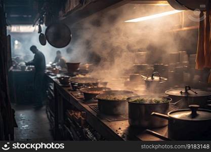 restaurant kitchen, with sizzling hotpots and steamy pots, preparing for the busiest night of the week, created with generative ai. restaurant kitchen, with sizzling hotpots and steamy pots, preparing for the busiest night of the week