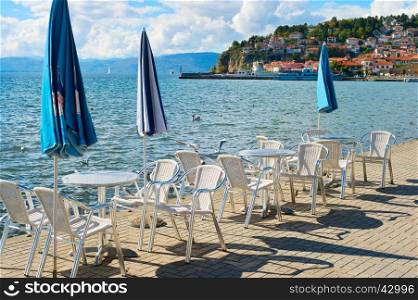 Restaurant on the embankment in the sunny day. Ohrid, Macedonia