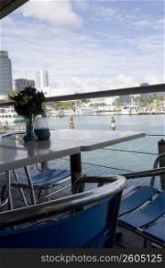 Restaurant overlooking Bayfront Harbor in Miami, Florida, USA