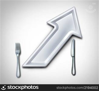 Restaurant price increase and rising costs of dining out at restaurants and surging food cost of groceries as an inflation crisis concept as a plate with fork and knife shaped as an arrow with 3D render elements.