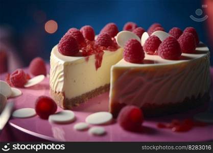 Restaurant raspberry cheesecake. Fruit pie. Generate Ai. Restaurant raspberry cheesecake. Generate Ai