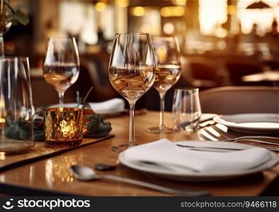 Restaurant table with plates and wine glasses.AI generative.