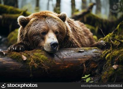 Resting in the forest is a brown bear. Generative AI