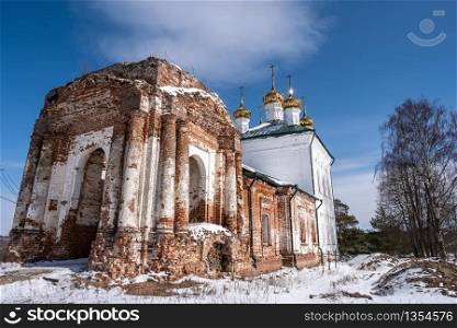 Restoration of the Church of the Resurrection of Christ in the village of Stromikhino, Ivanovo Region, on a sunny day.