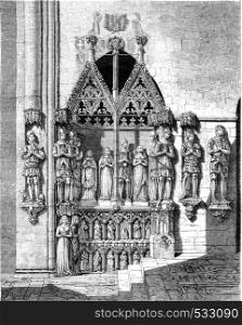 Restore monument erected to the counts of Neuchatel, in the Collegiate Neuchatel, vintage engraved illustration. Magasin Pittoresque 1852.