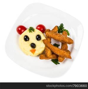 Restourant serving dish for child`s menu - potato puree, sticks with face on white background