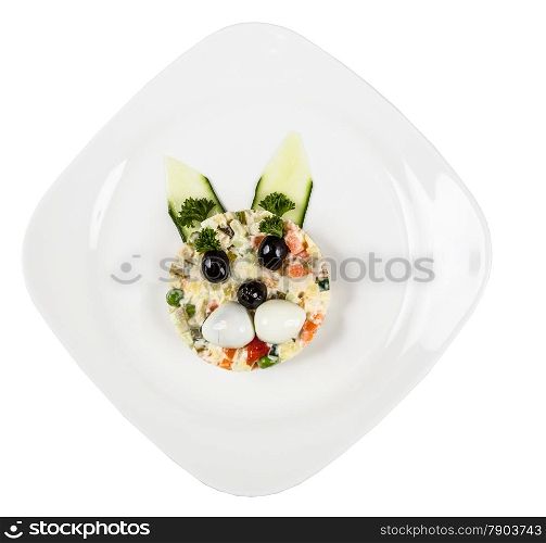 Restourant serving dish for child`s menu - salad with rabbit face