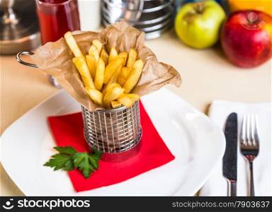 Restourant serving dish for child`s menu - stick potatos roast free