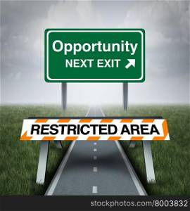 Restricted opportunity concept and business road block symbol as a barrier with text barring entrance to a road with a sign for opportunities as a metaphor for discrimination or unfair limited corporate world.