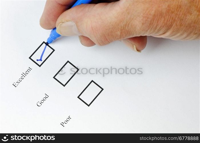 Results check box with a blue pen in a hand marking a tick