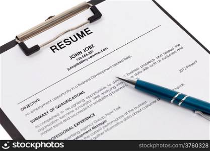 Resume with pen isolated on white background