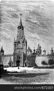 Resurrection Gate on the Red Square in Moscow, vintage engraved illustration. Le Tour du Monde, Travel Journal, (1872).