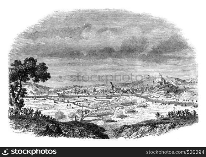 Rethel in 1650, vintage engraved illustration. Magasin Pittoresque 1846.