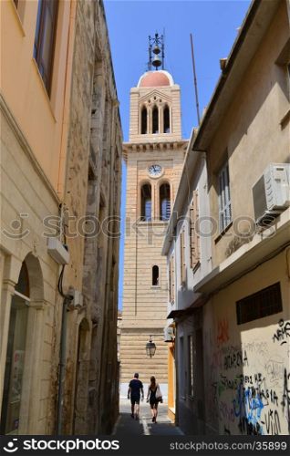 RETHYMNO, GREECE - 08.03.2016: Crete Greece Megalos Antonios church tower landmark architecture
