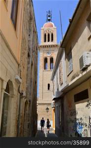 RETHYMNO, GREECE - 08.03.2016: Crete Greece Megalos Antonios church tower landmark architecture