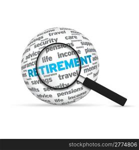 Retirement 3d Word Sphere with magnifying glass on white background.