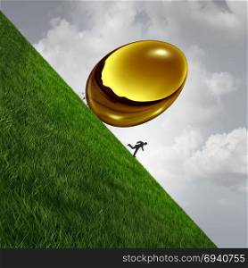 Retirement investment fund trouble crisis concept as a gold or golden egg falling rolling down hill as a financial retiring senior stress symbol with 3D illustration elements.