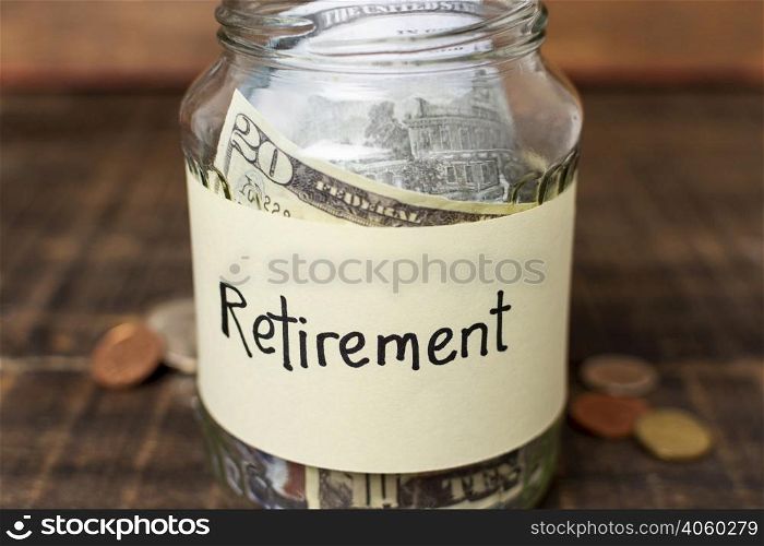 retirement label jar filled with money