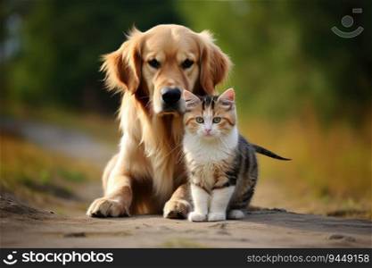 Retriever dog with a cat. Beautiful lovely pets. Generative AI