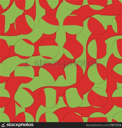 Retro 3D green and red intersecting circles and waves .Abstract layered pattern. Bright colored background with realistic shadow and thee dimentional effect.