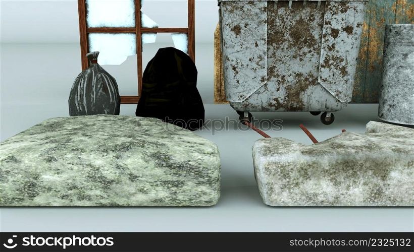 Retro 3d render rusty boxes with halfrotten containers and vintage old front doors covered with peeling paint. Pieces antique marble with broken dishes and glass bottles. Retro 3d render rusty boxes with halfrotten containers and vintage old front doors covered with peeling paint. Pieces antique marble with broken dishes and glass bottles.. Collection old and broken things.